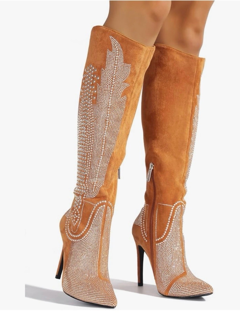 Women's Tan Suede Crystal-Embellished Knee Western Cowboy boots